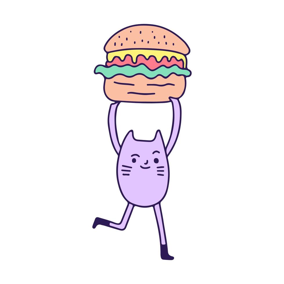 gato roxo bonito levantando um hambúrguer, ilustração para t-shirt, adesivo ou mercadoria de vestuário. com estilo doodle, retrô e desenho animado. vetor