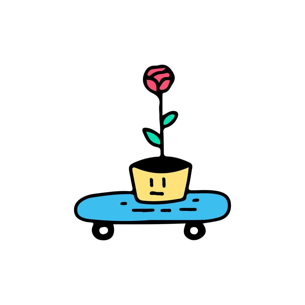 rosa e skate, ilustração para t-shirt, adesivo ou mercadoria de vestuário. com estilo doodle, retrô e desenho animado. vetor