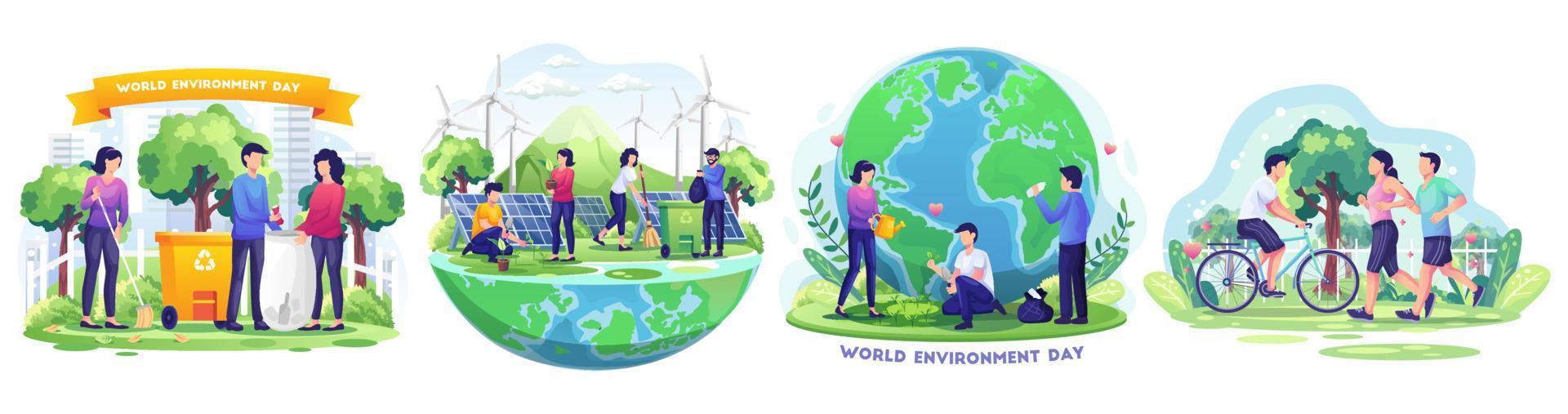 conjunto de dia mundial do meio ambiente com as pessoas estão cuidando da terra por jardinagem e limpeza salvar planeta. ilustração vetorial de estilo simples vetor