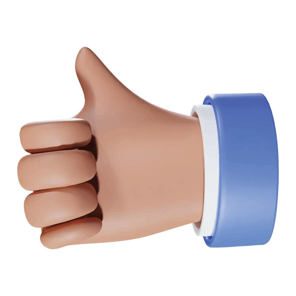 símbolo de mão 3d realista como, aprovado ou ícone de polegar para cima. design de estilo de desenho animado 3d realista. ilustração vetorial. vetor