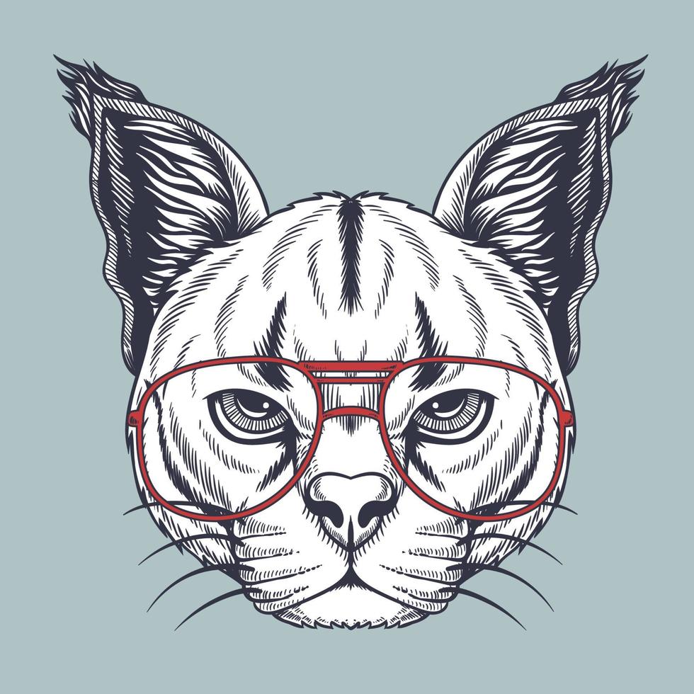 caracal gato selvagem desenhado à mão usando óculos vermelhos vetor
