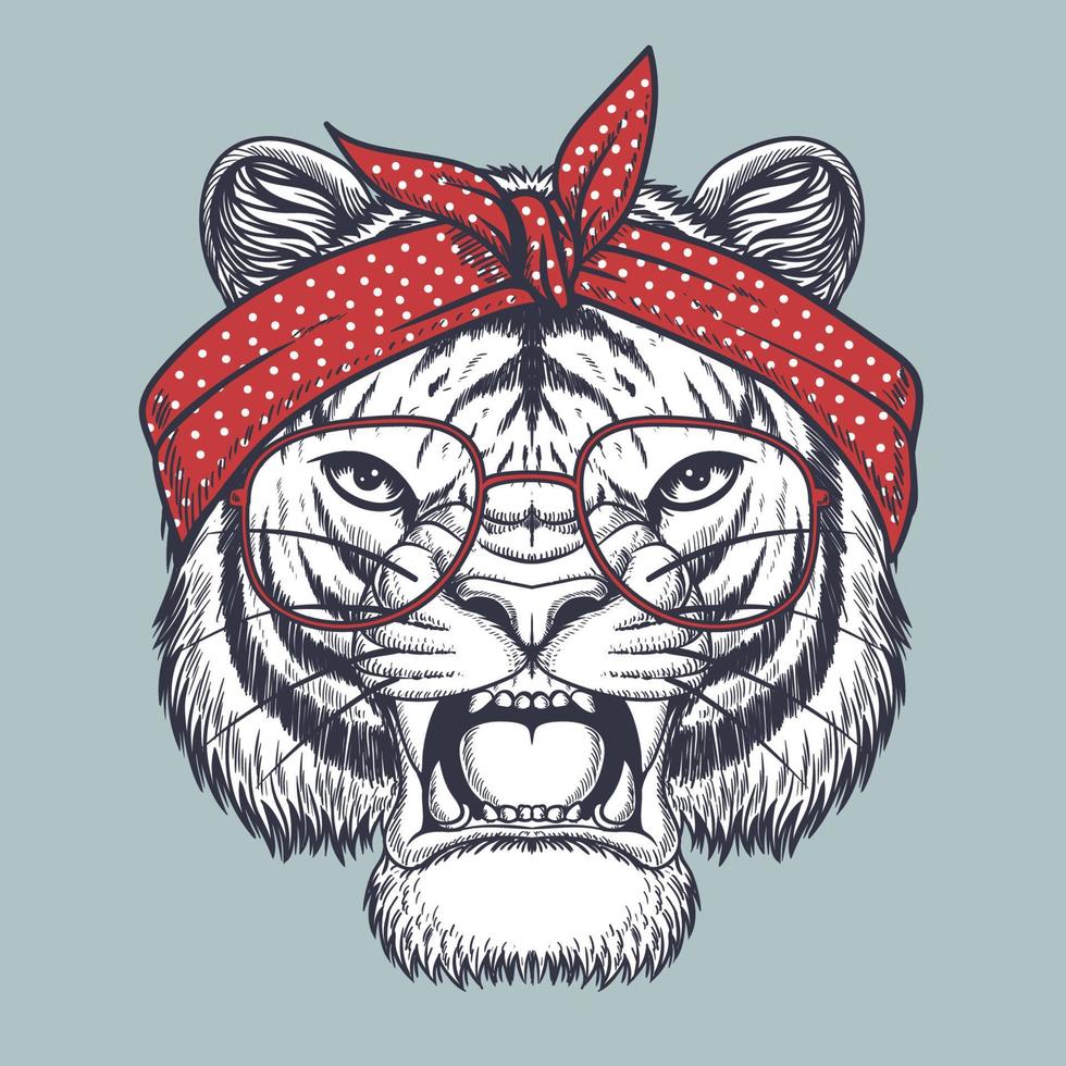 mão de tigre com raiva desenhada usando óculos vermelhos e bolinhas de bandana vetor