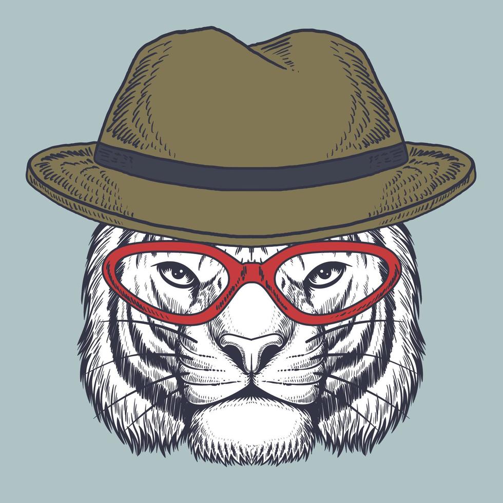 cabeça de tigre desenhada à mão usando óculos vermelhos e chapéu vetor