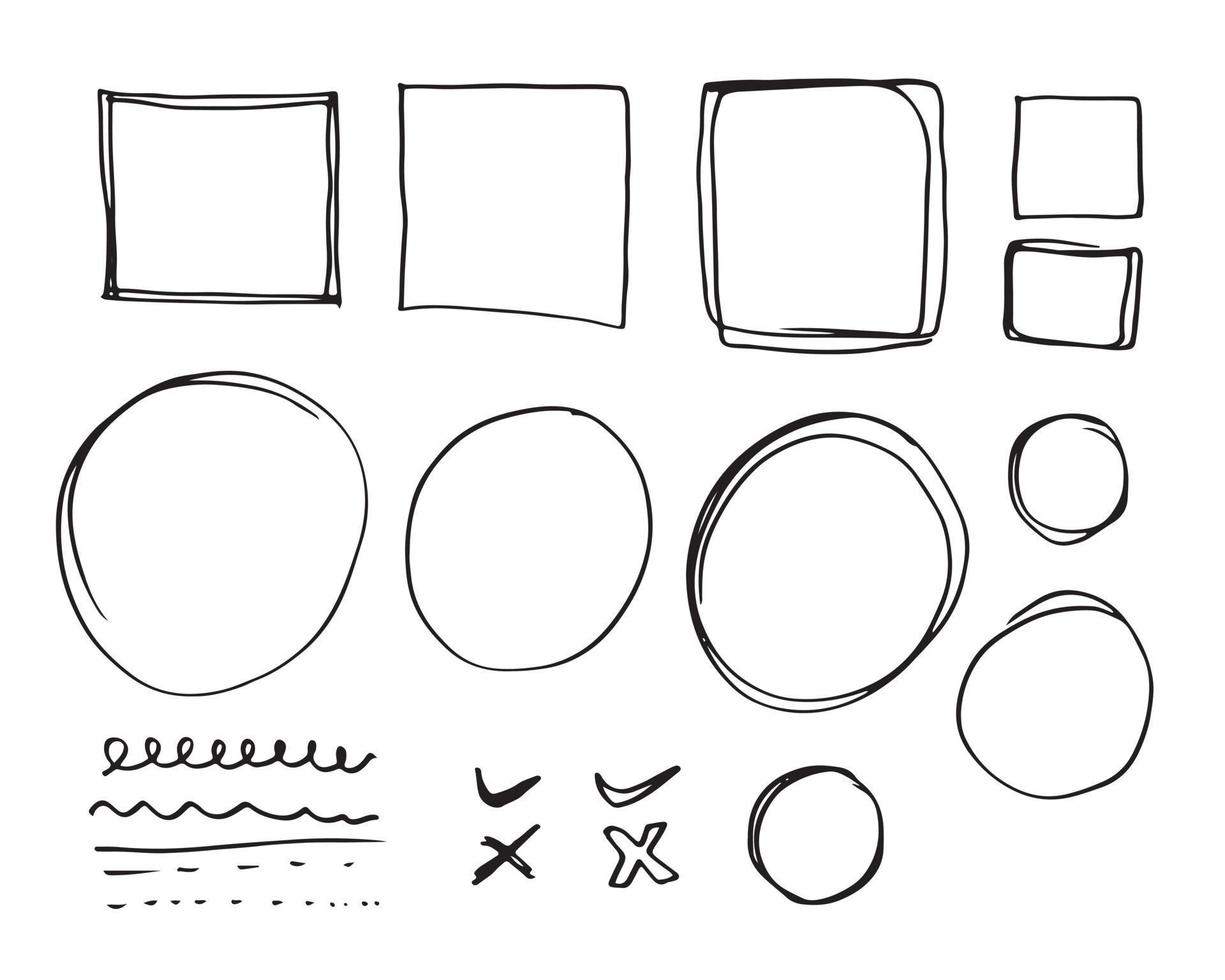 vetor de linhas e curvas de doodle. conjunto de linhas de doodle simples, curvas, molduras e spots.isolated em fundo branco.