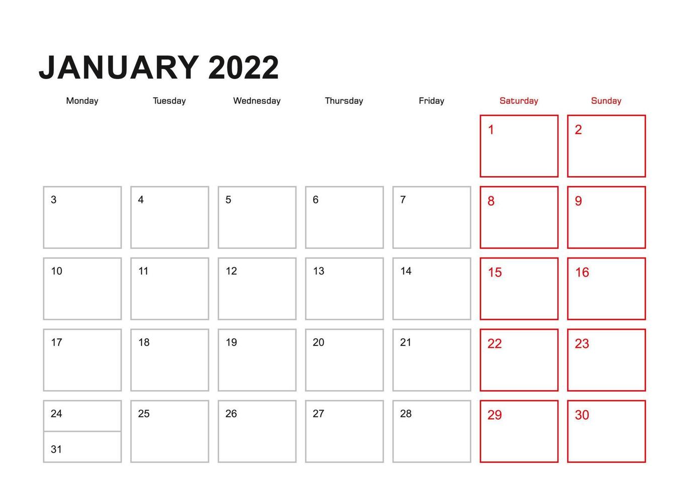planejador de parede para janeiro de 2022 em inglês, a semana começa na segunda-feira. vetor