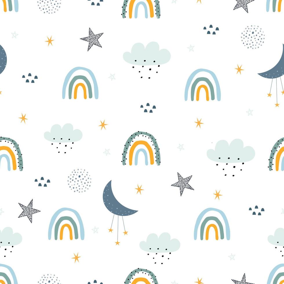 arco-íris de padrão de bebê sem costura com nuvens em fundo branco usado para impressão, decoração, papel de parede, padrões de roupas infantis, têxteis vetor