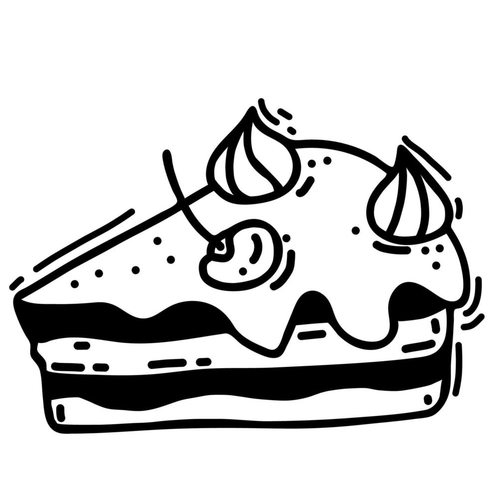 pedaço de bolo com creme e cereja. ilustração vetorial. doodle de desenho de mão linear vetor
