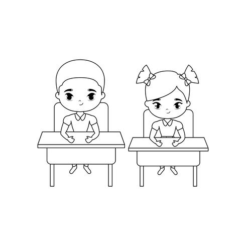pequenos estudantes sentados em mesas de escola vetor