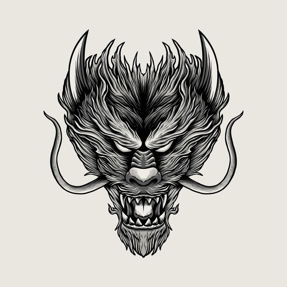 cabeça de dragão desenho de ilustração em preto e branco desenho de mão vetor