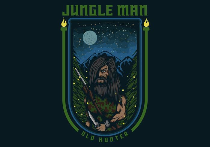 homem de selva antigo caçador vector ilustração distintivo