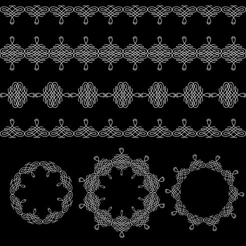 As bordas e os quadros redondos ajustaram a coleção no estilo retro caligráfico isolado no fundo preto. vetor