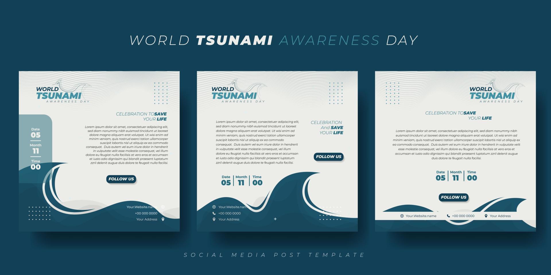 conjunto de modelo de postagem de mídia social com design de ondas planas de tsunami. design de modelo do dia mundial da conscientização do tsunami. vetor