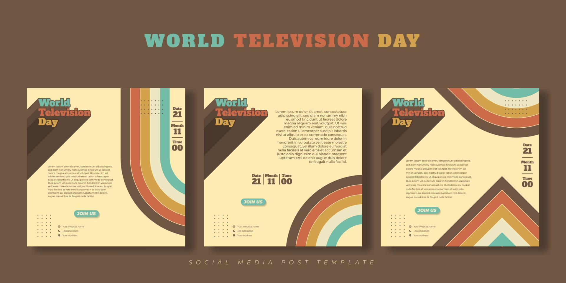 conjunto de modelo de postagem de mídia social com design de tipografia vintage. design de modelo do dia mundial da televisão. vetor