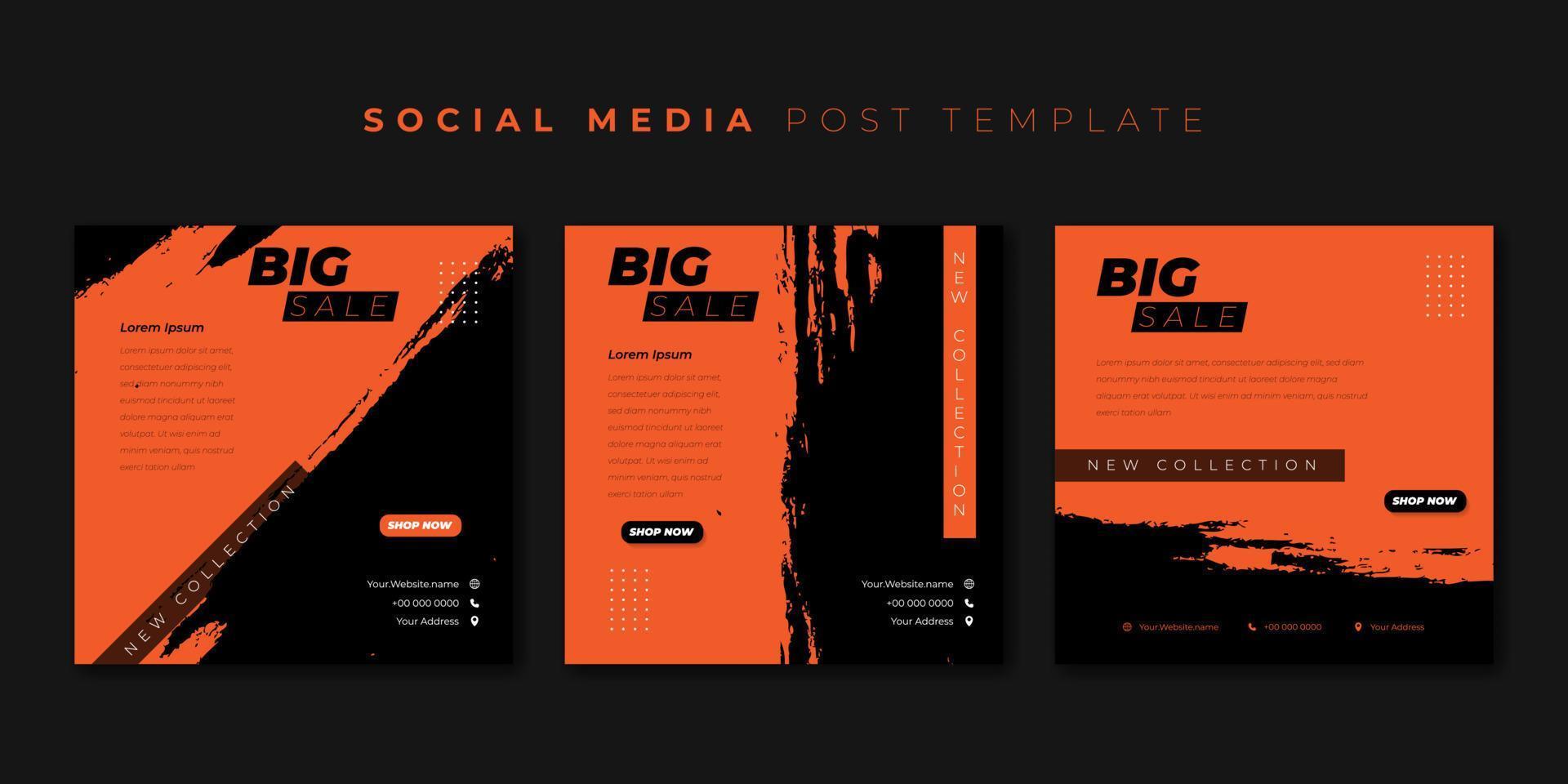 conjunto de modelo de postagem de mídia social com grunge preto no design de fundo laranja. vetor