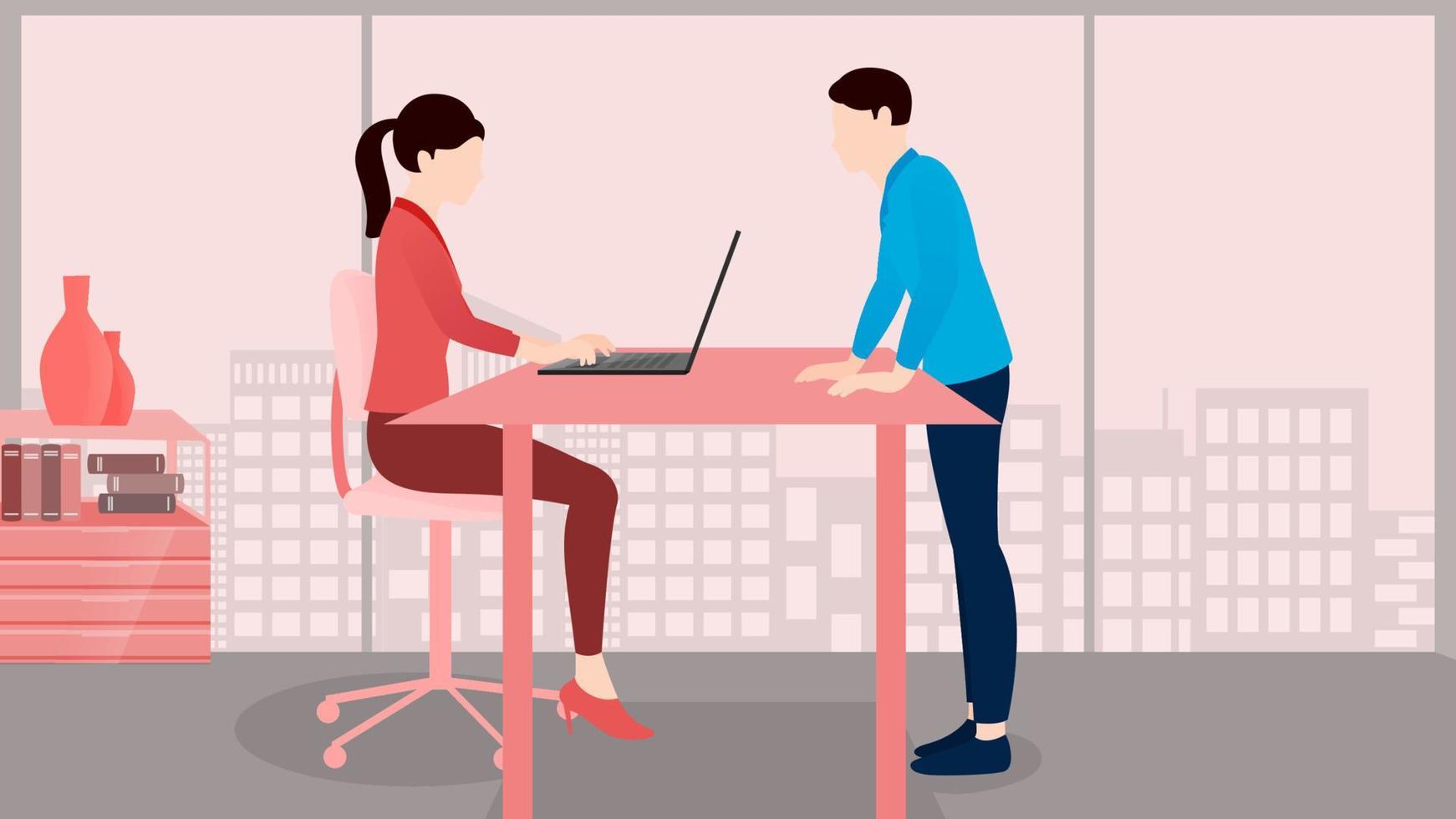 mulher usando laptop e homem está de pé perto da mesa, ilustração de personagem de vetor de conceito de negócios no fundo do edifício plano.