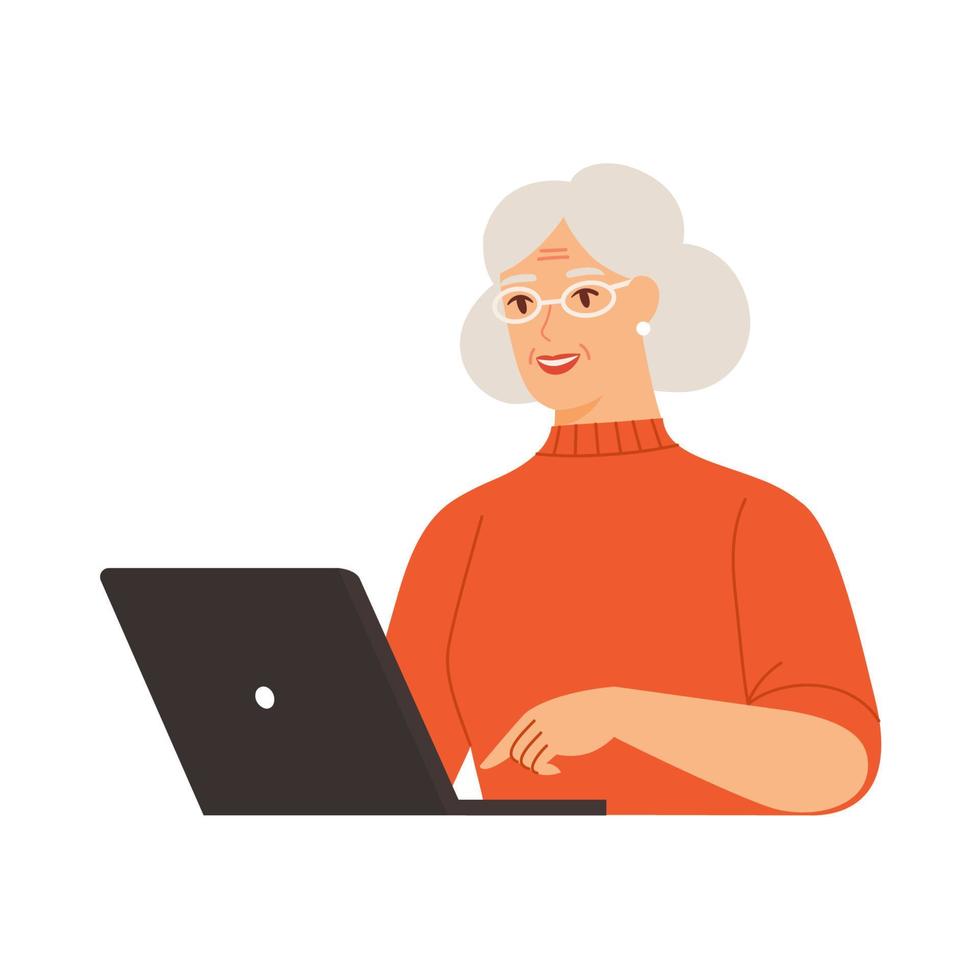 mulher sênior feliz com laptop. freelaner trabalhando online ou pessoa estudando online. ilustração vetorial plana em um fundo branco e isolado. vetor