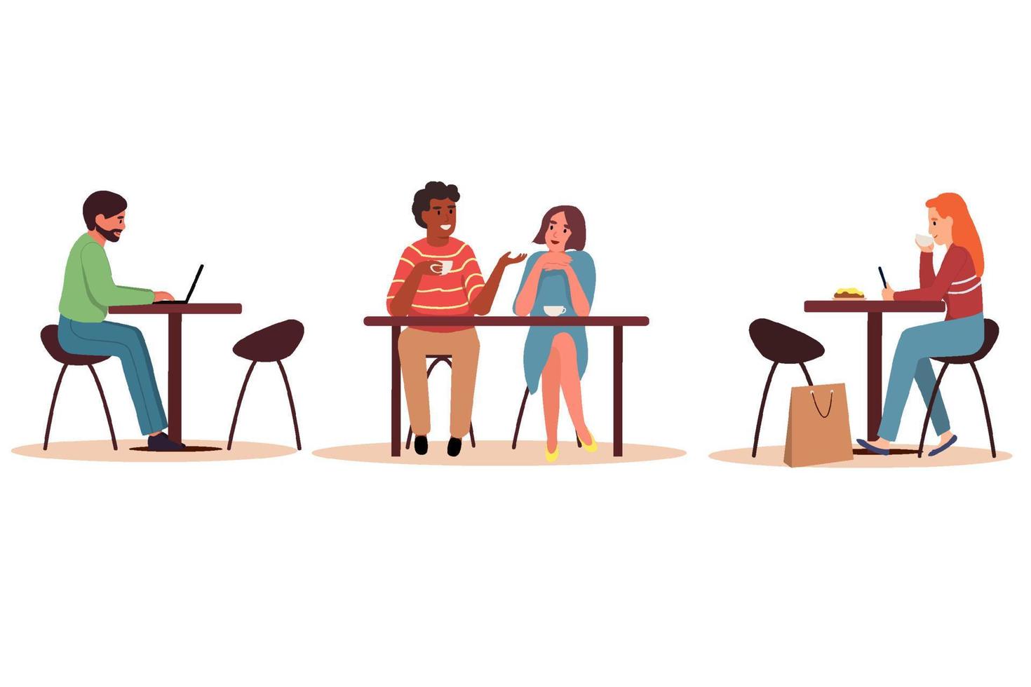 homens e mulheres bebem café ou chá, conversam, trabalham em um laptop e telefone. ilustração vetorial plana em um fundo branco e isolado. vetor