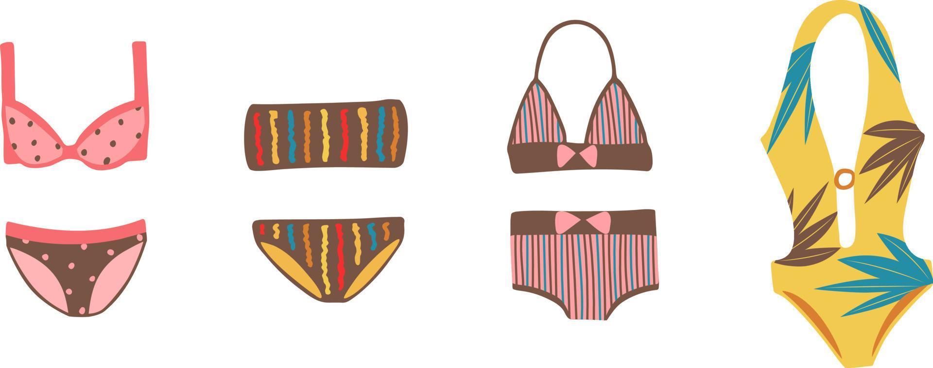 conjunto de ilustração vetorial de maiôs. biquíni e roupa de banho de uma peça. roupas femininas de praia de verão. diferentes modelos de maiôs. vetor