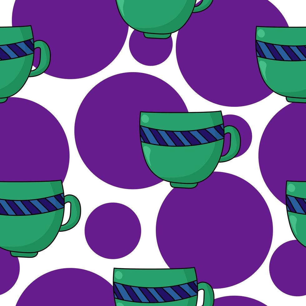 xícara de chá brilhante com um padrão sem costura padrão listrado, caneca verde azul em estilo cartoon em um fundo de círculos roxos vetor
