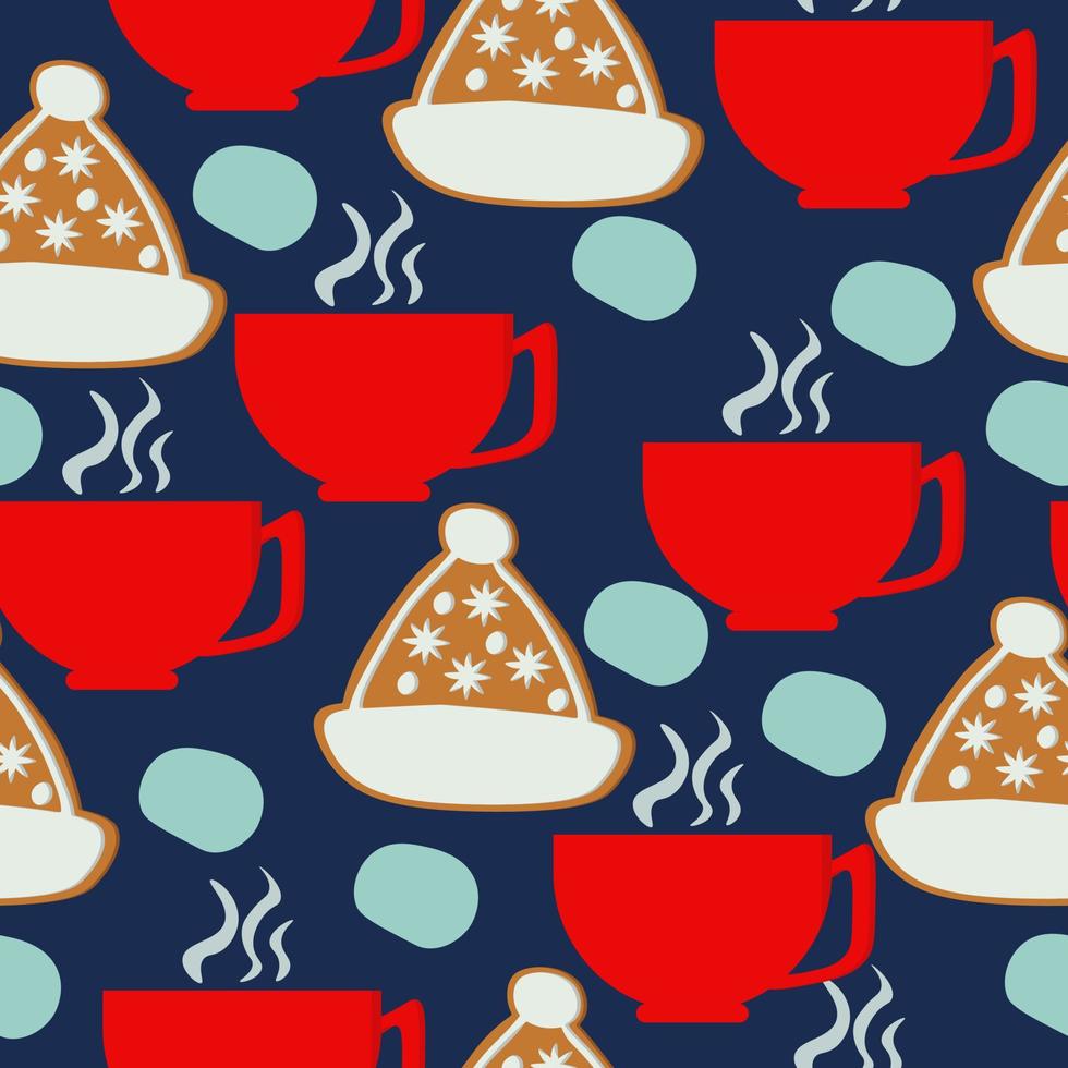 padrão sem costura de chapéu de gengibre, pão de gengibre de natal e copos vermelhos em fundo azul escuro vetor