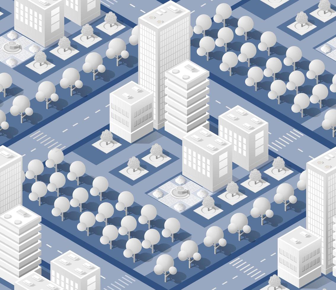 mapa de padrão de plano urbano sem costura. estrutura de paisagem isométrica de edifícios da cidade, arranha-céus vetor