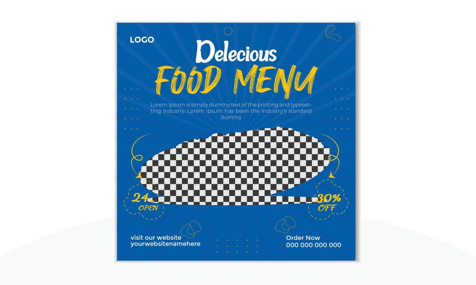 post de mídia social de menu de restaurante de comida deliciosa e banner de promoção de venda on-line de pizza fresca, hambúrguer e macarrão. vetor