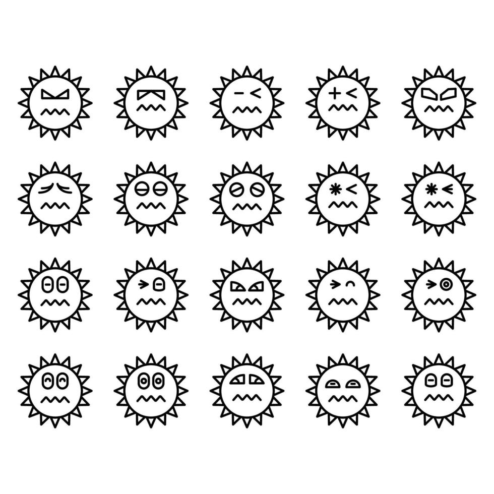 conjunto de ícones de linha de emoticon de sol nervoso vetor