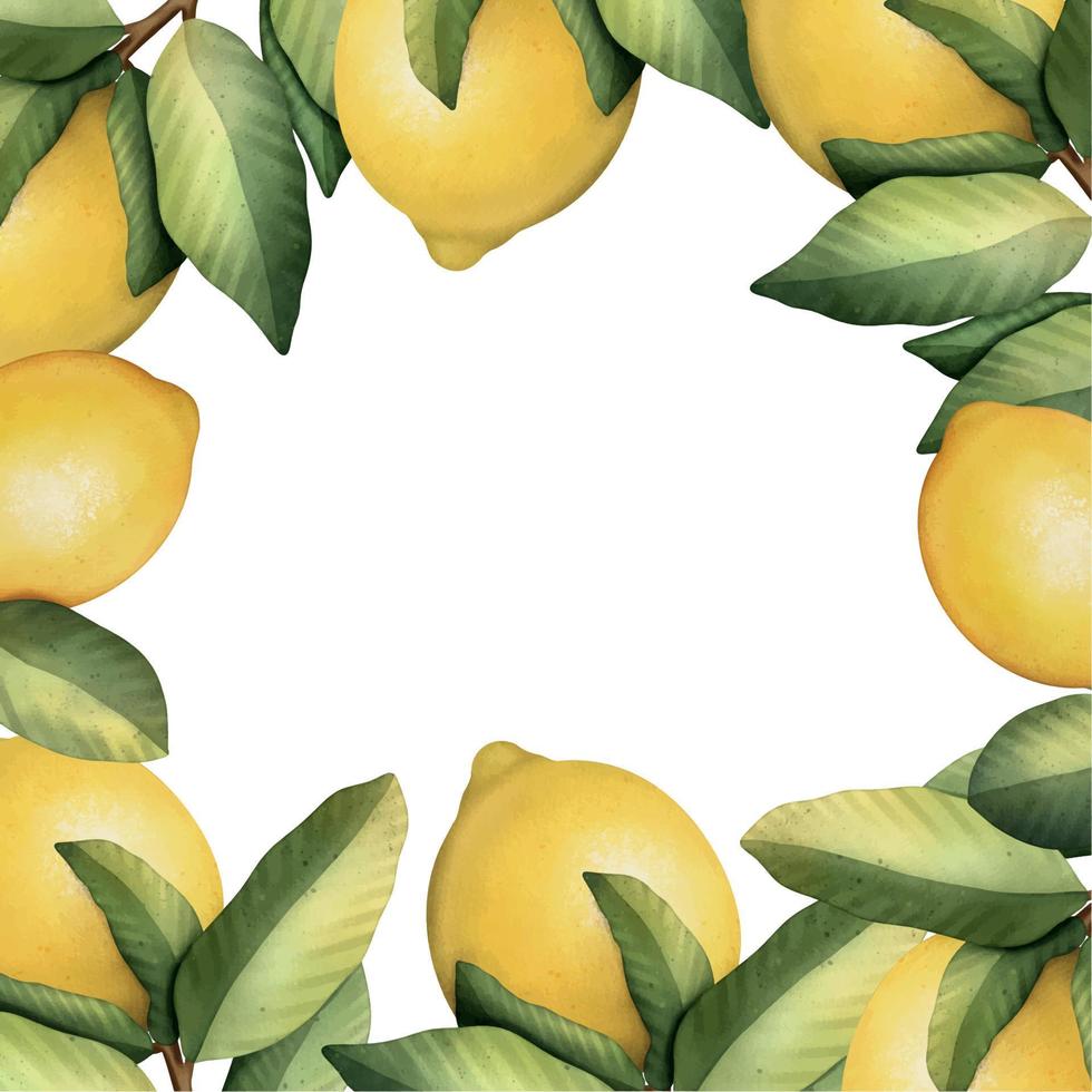 moldura desenhada à mão de limão aquarela. coroa de ilustração em aquarela de limão e folhas. vetor