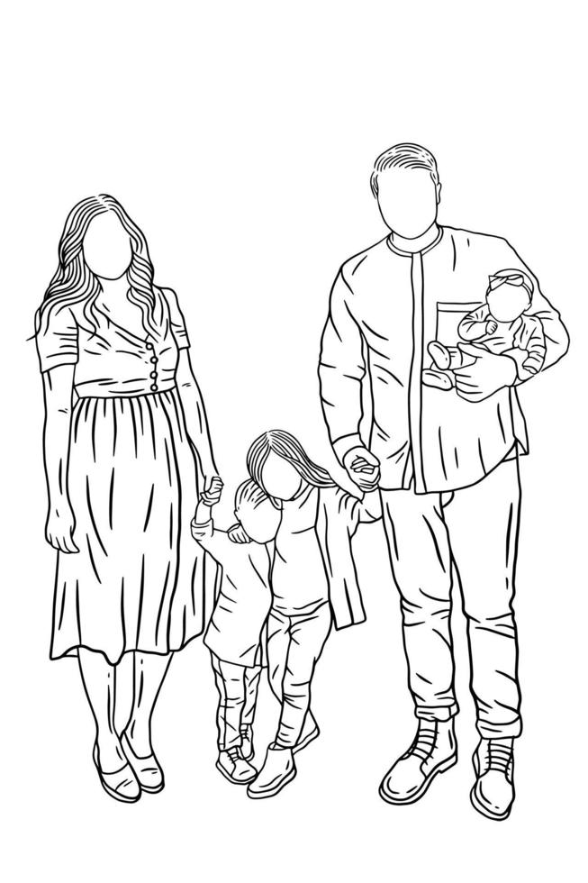 família com amor feliz esposa e marido com ilustração de arte de linha de bebê e criança vetor