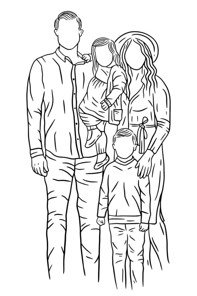 família com amor feliz esposa e marido com ilustração de arte de linha de bebê e criança vetor