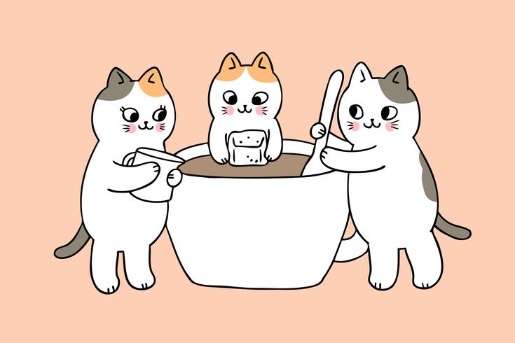 Gatos bonitos dos desenhos animados e vetor do copo de café.