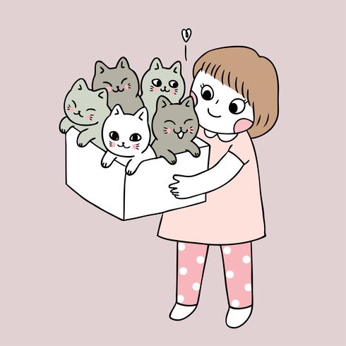 Vetor bonito da menina e dos gatos dos desenhos animados.