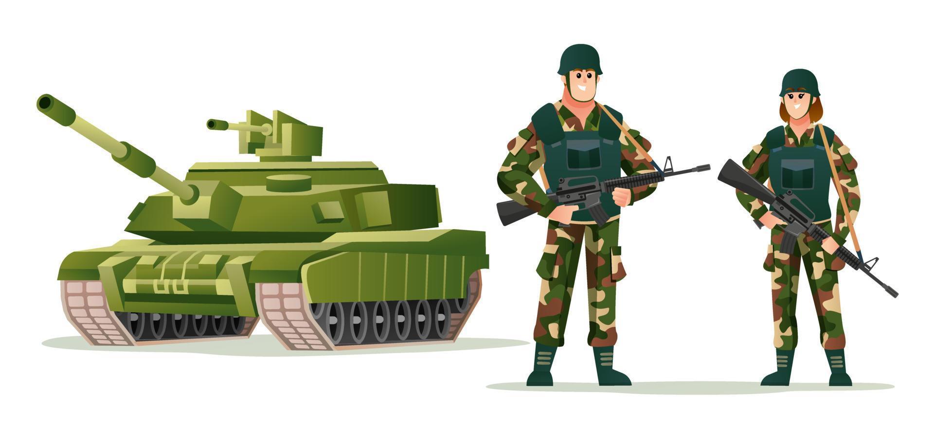 soldados do exército homem e mulher segurando armas de armas com ilustração de desenhos animados de tanque vetor
