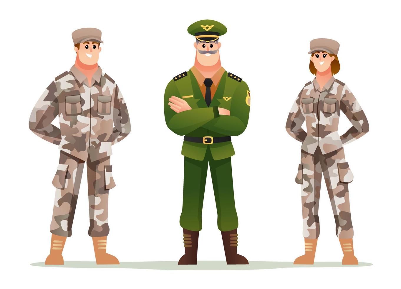 capitão do exército com conjunto de personagens de desenhos animados de soldados homem e mulher vetor