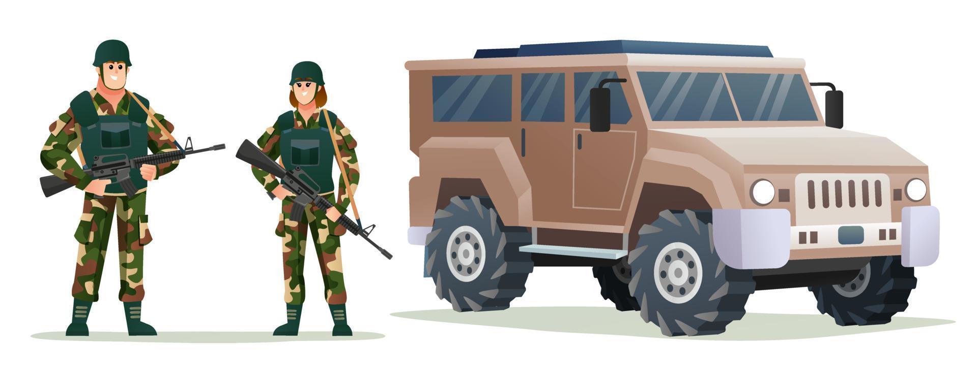 soldados do exército homem e mulher segurando armas de armas com ilustração de desenho animado de veículo militar vetor