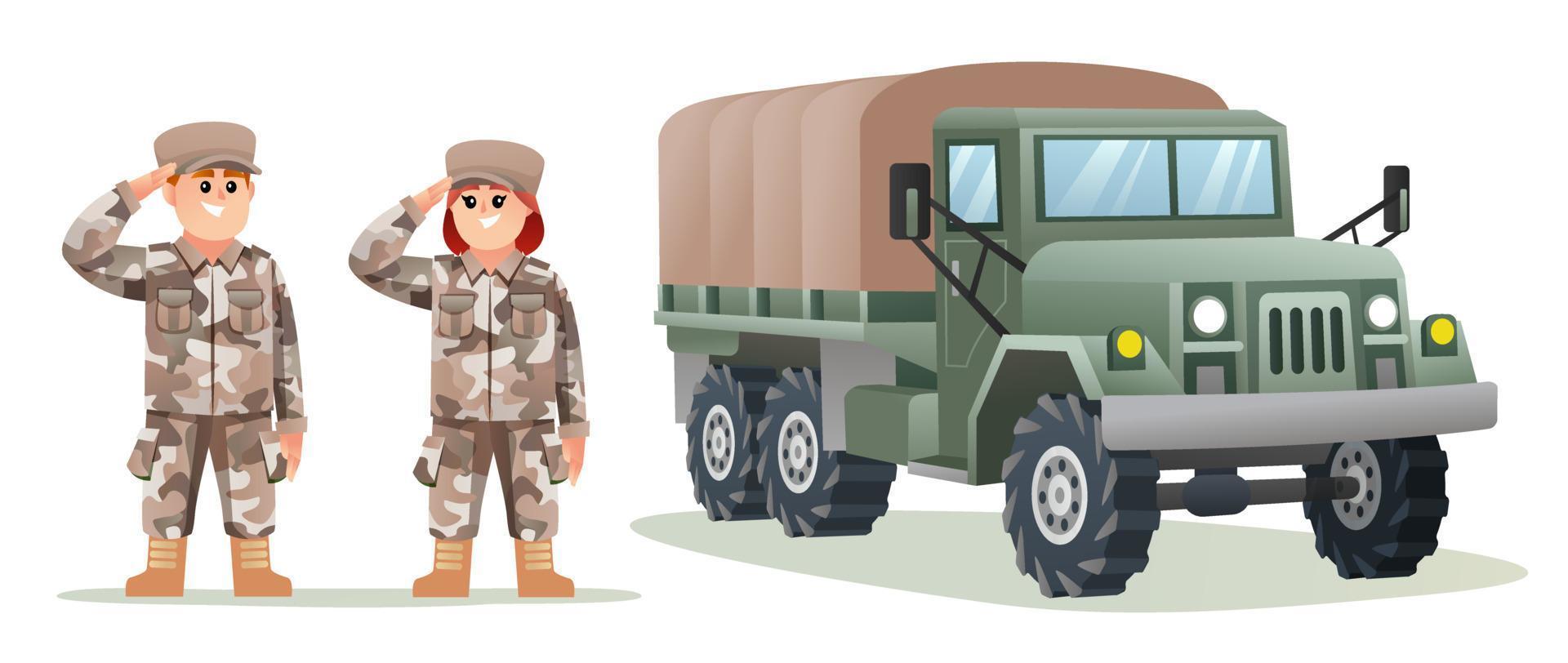 personagens de soldados do exército masculinos e femininos bonitos com ilustração de desenho de caminhão militar vetor