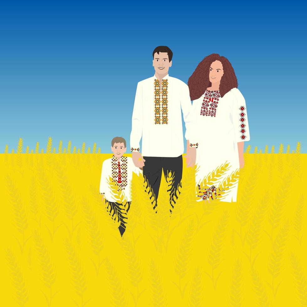 feliz sorridente família ucraniana em vyshyvanka no campo de trigo vetor