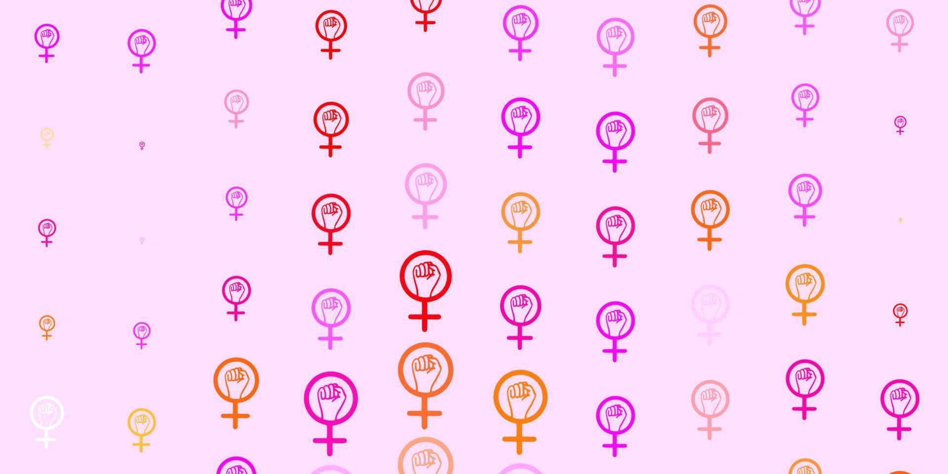 textura de vetor rosa claro, amarelo com símbolos de direitos das mulheres.