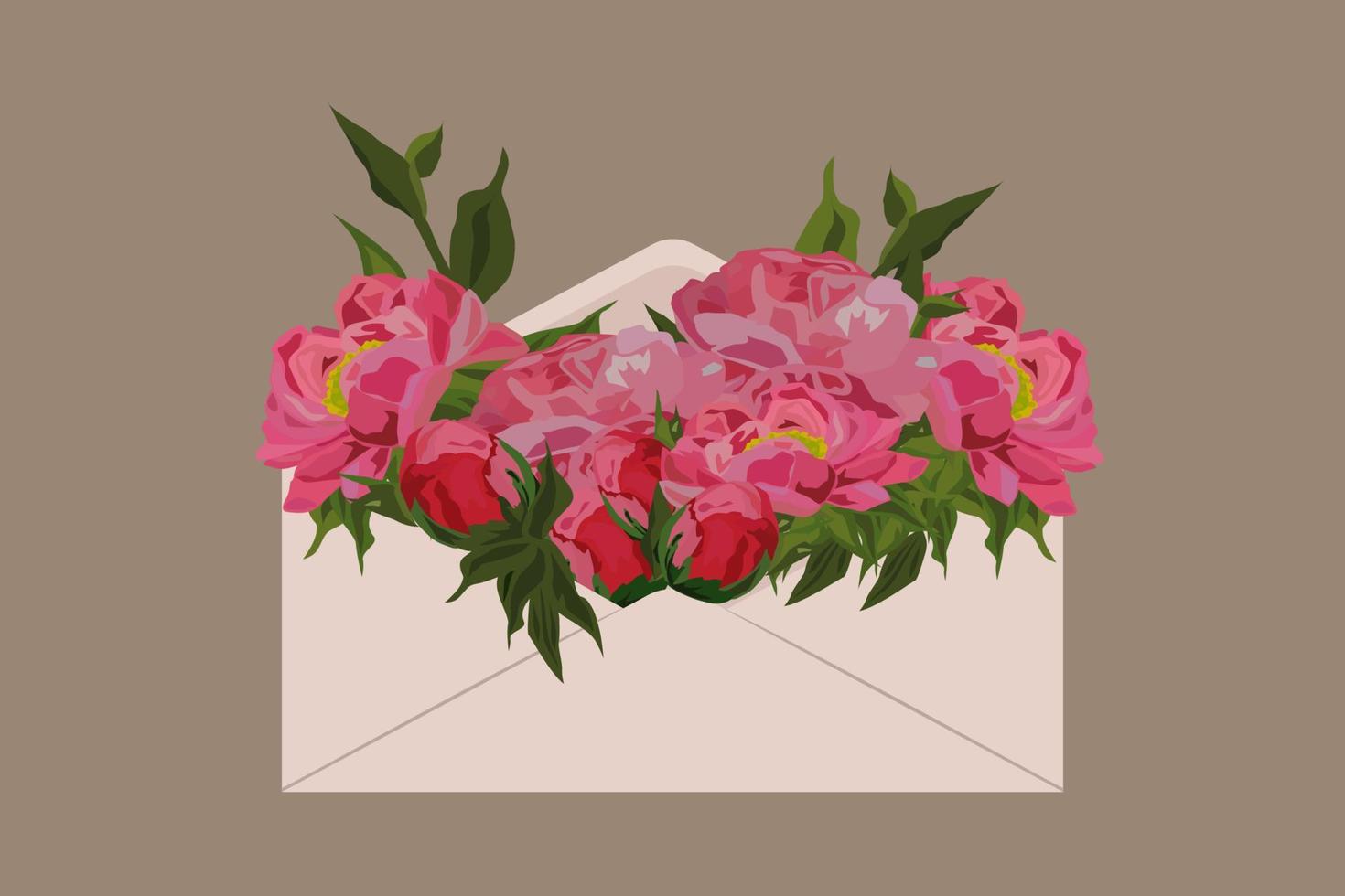 peônias cor de rosa em um envelope aberto. vetor