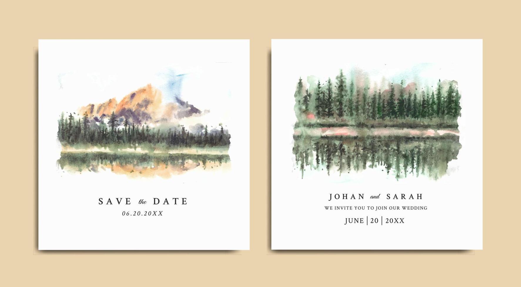 convite de casamento em aquarela com reflexo de pinheiros e montanha no lago vetor
