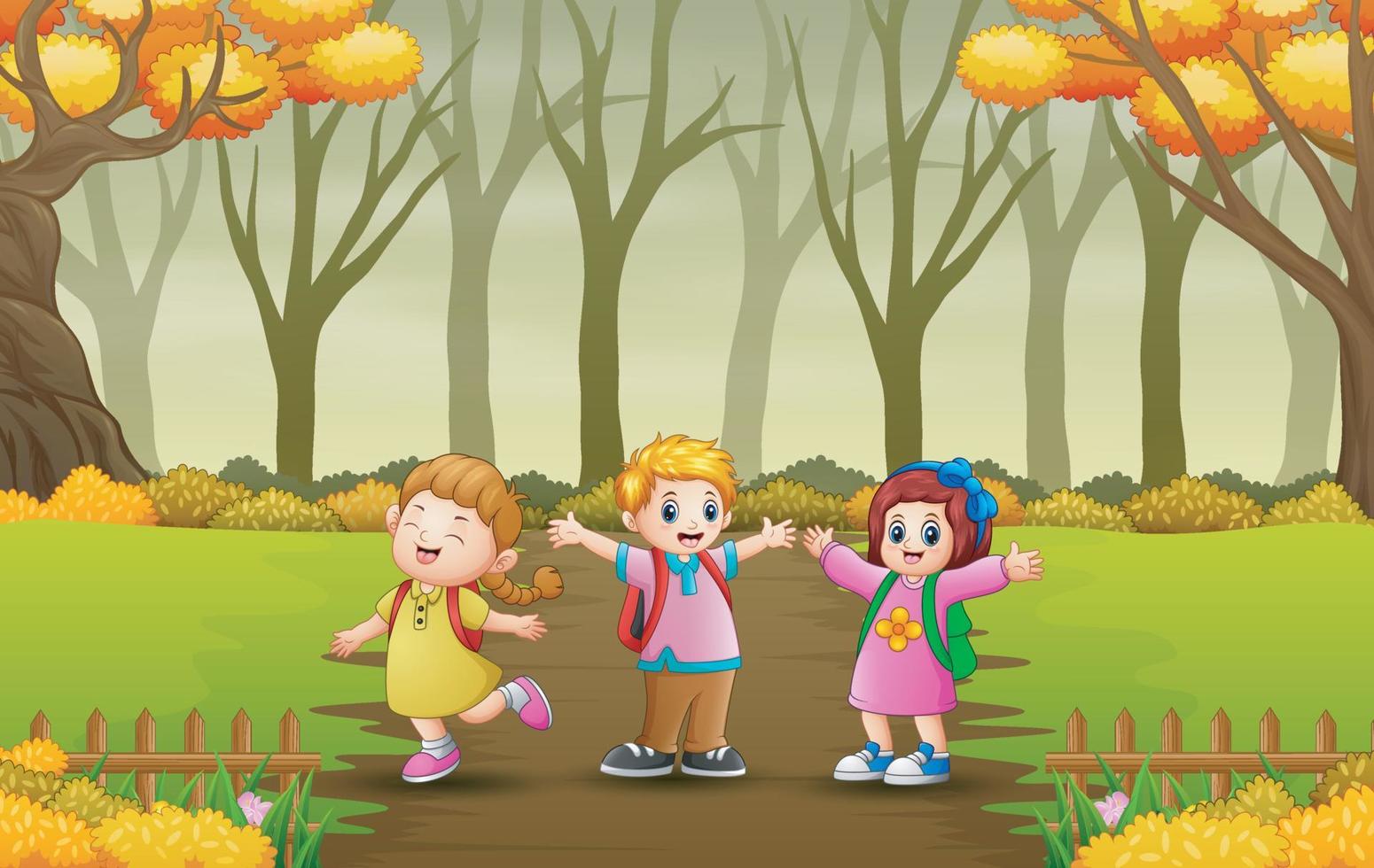 crianças felizes andando na ilustração do caminho da floresta vetor