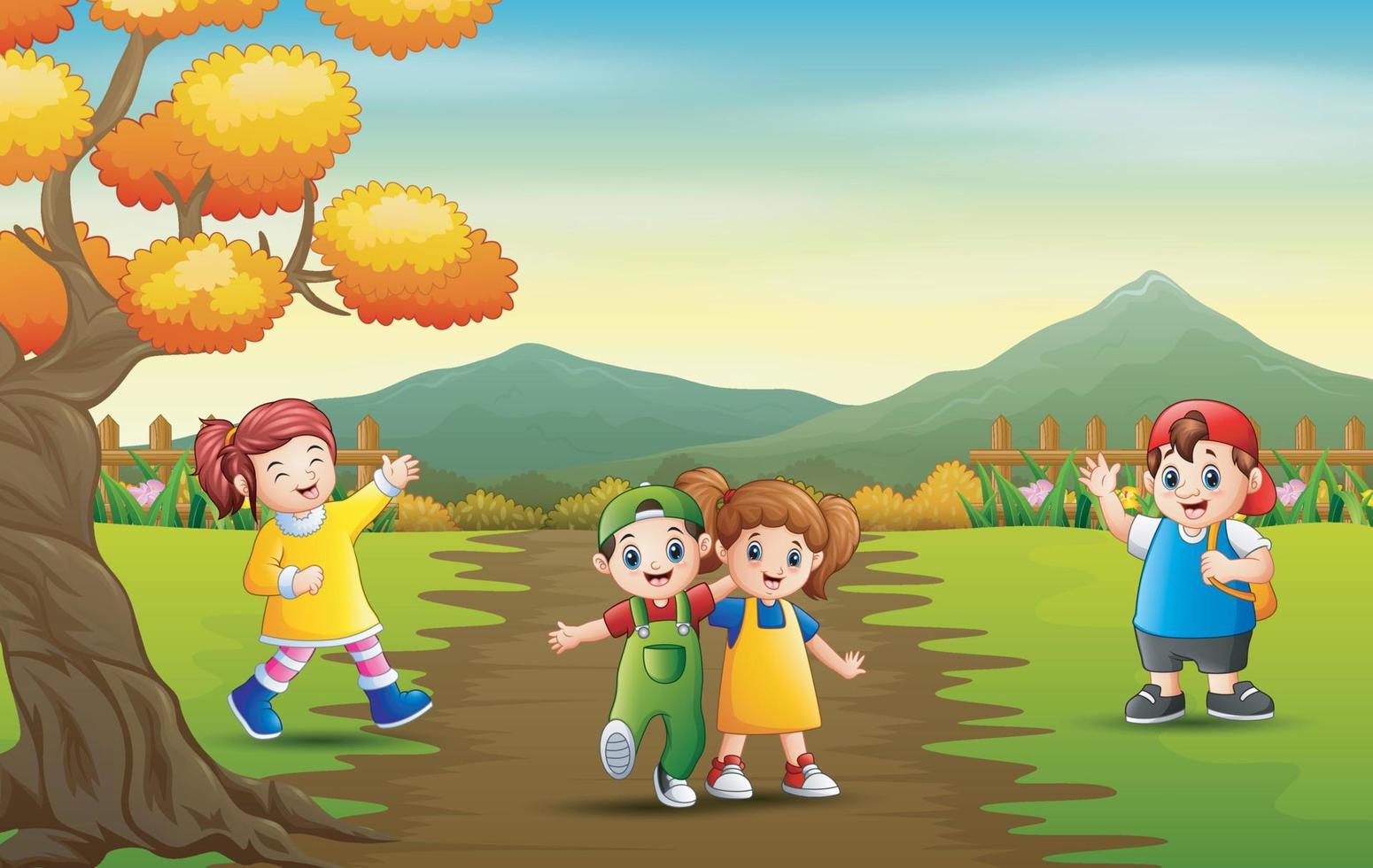 crianças dos desenhos animados brincando na paisagem do parque vetor