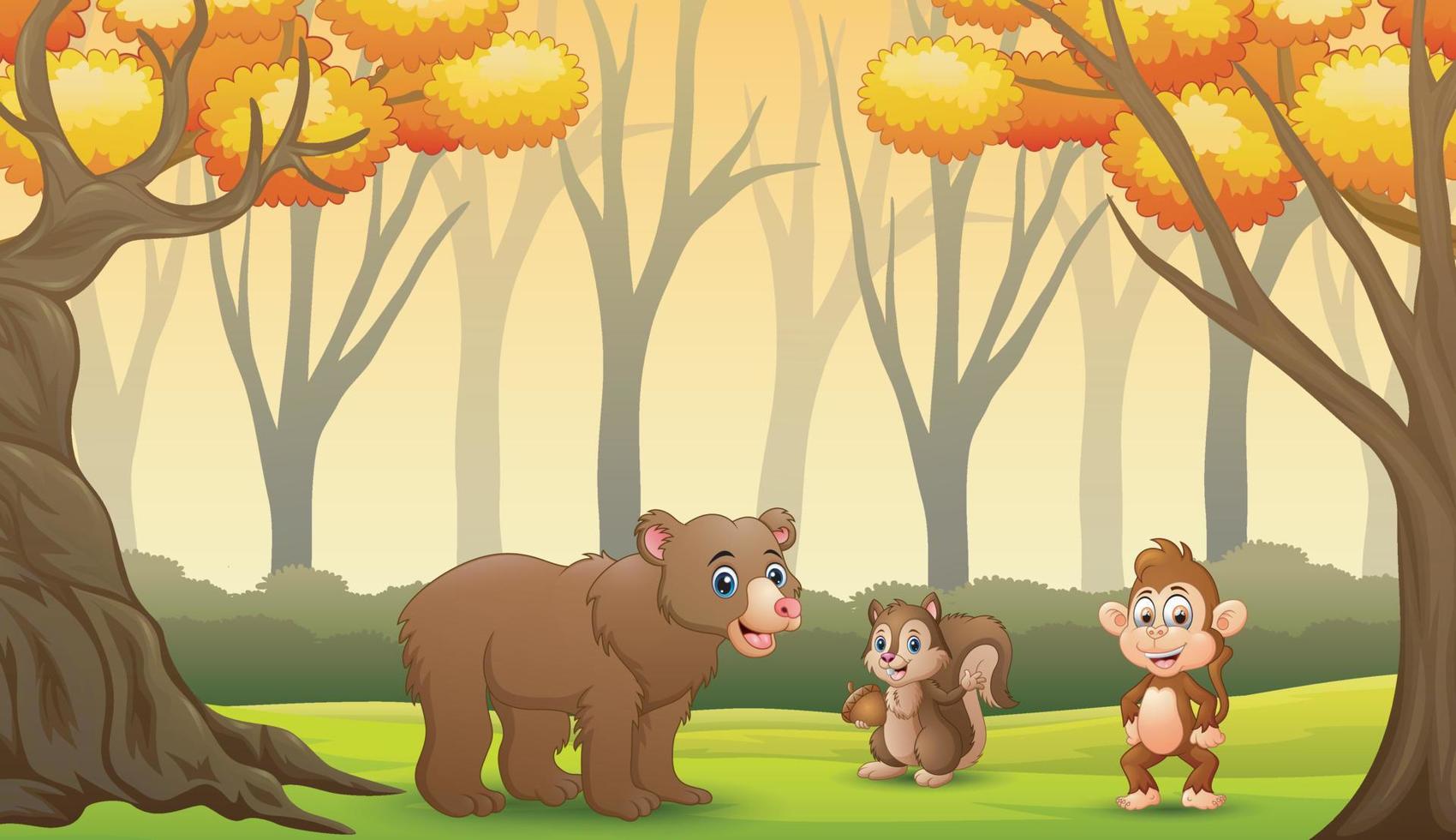 desenhos animados de animais na floresta de outono vetor