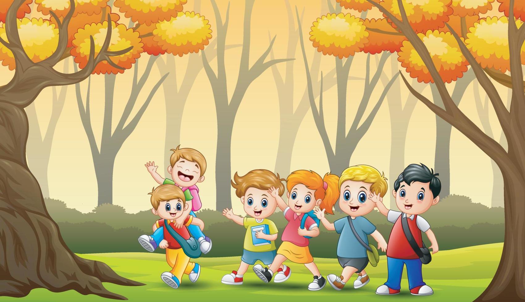 crianças alegres no fundo da floresta de outono vetor