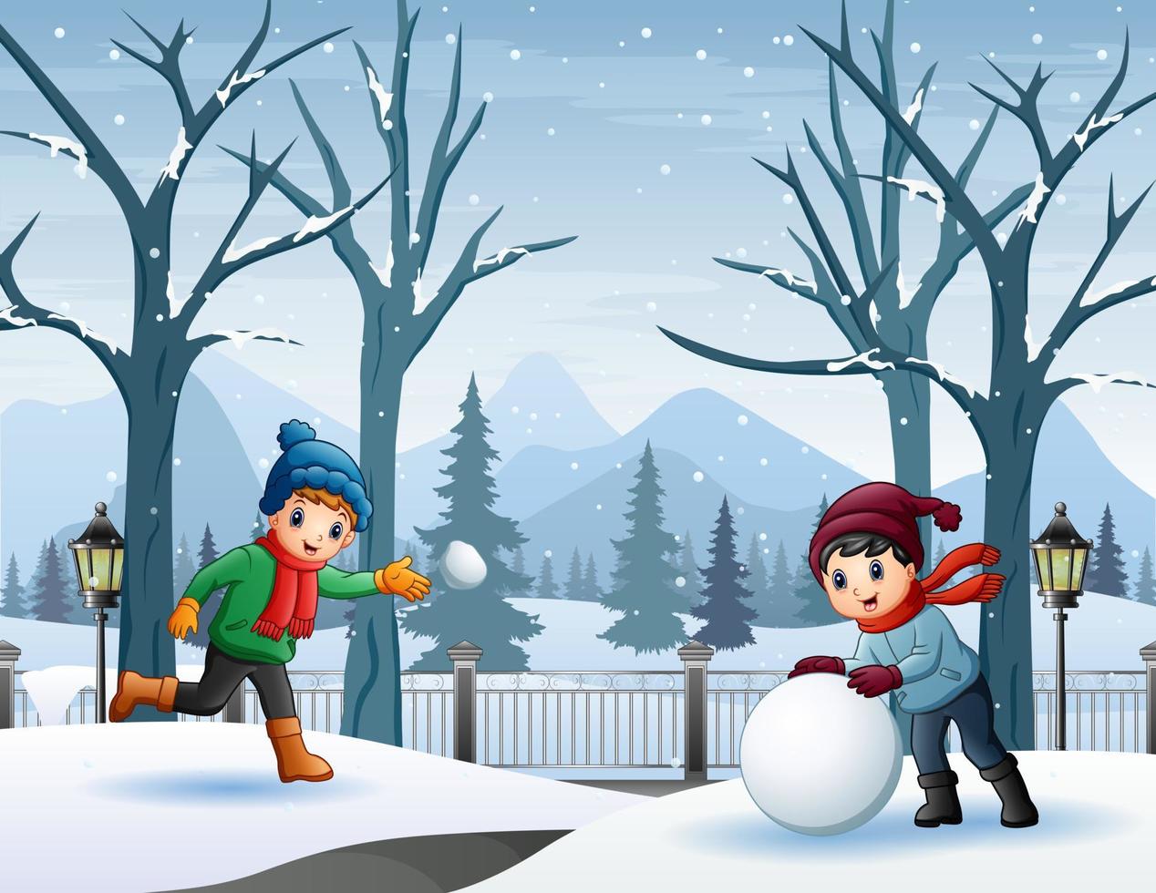 dois meninos jogando bolas de neve no parque nevado vetor