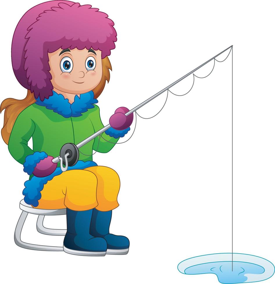 uma garota pescando na ilustração de inverno vetor