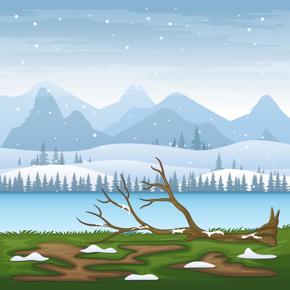 paisagem de inverno nevado com árvore caída à beira do rio vetor