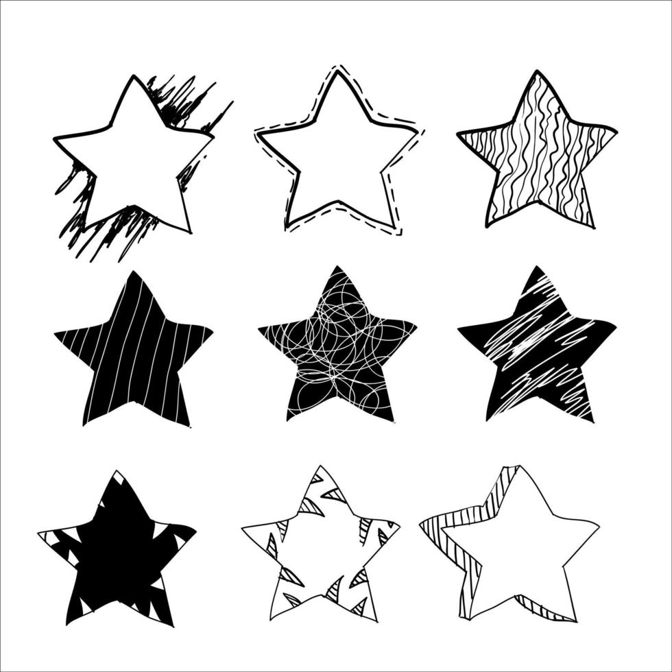 coleção de estrelas desenhadas à mão em estilo doodle. pode ser usado para padrão ou elemento autônomo. vetor