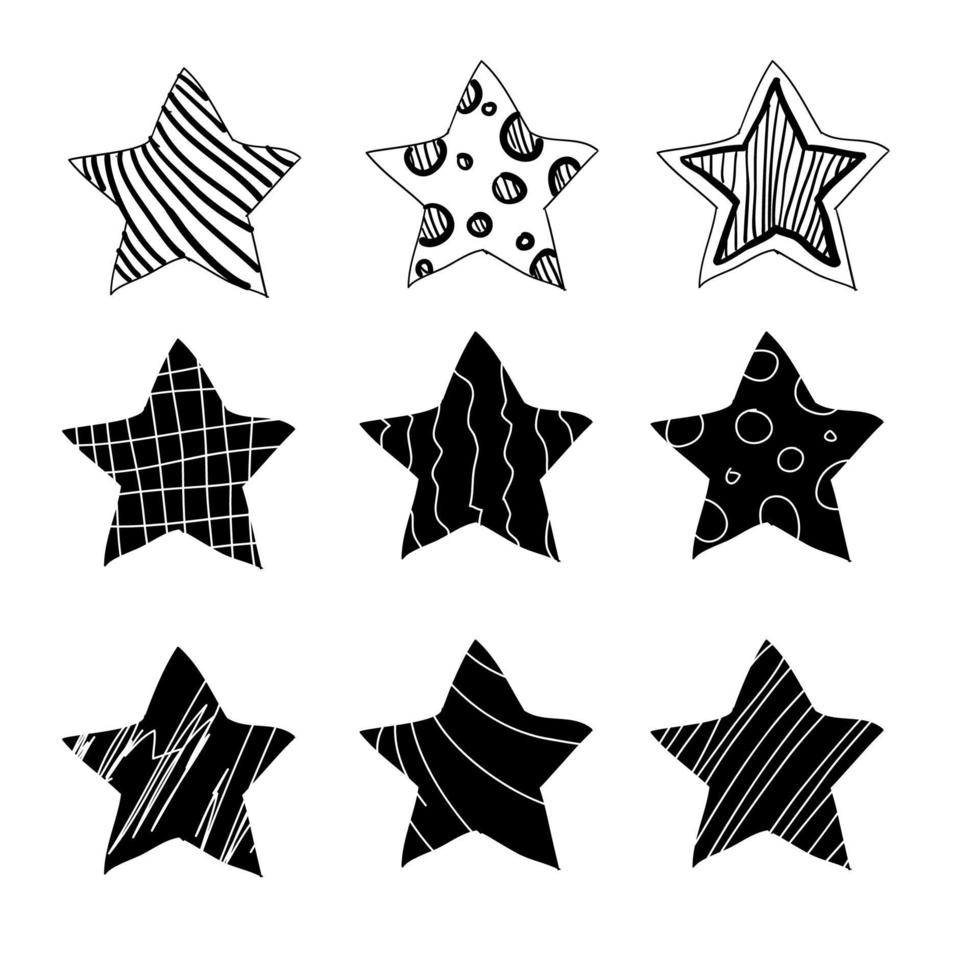 coleção de estrelas desenhadas à mão em estilo doodle. pode ser usado para padrão ou elemento autônomo. vetor