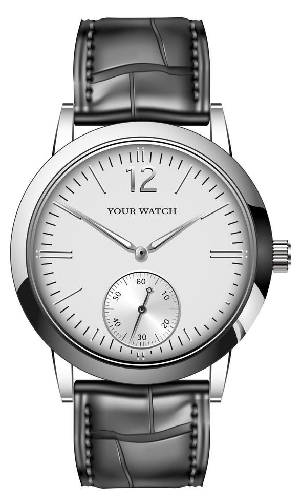 relógio realista relógio prata rosto cinza seta número com pulseira de couro preta no vetor de luxo clássico de design branco